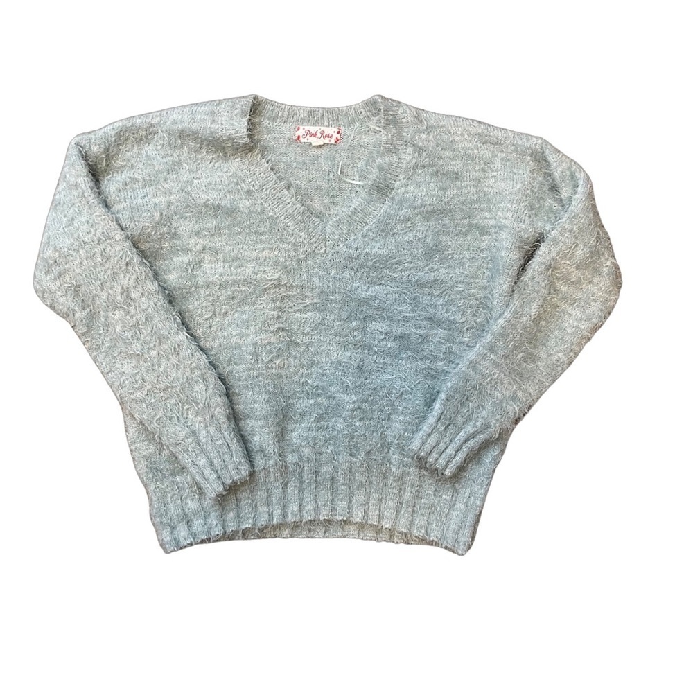 Pink Rose eyelash detail v-neck sweater in a sea foam greenish blue women size L